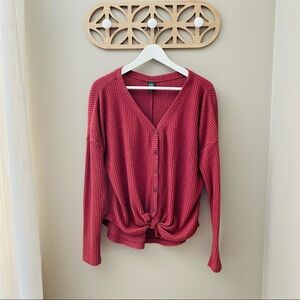 Wild Fable Button Up Waffle Knit Top Maroon Sz Medium